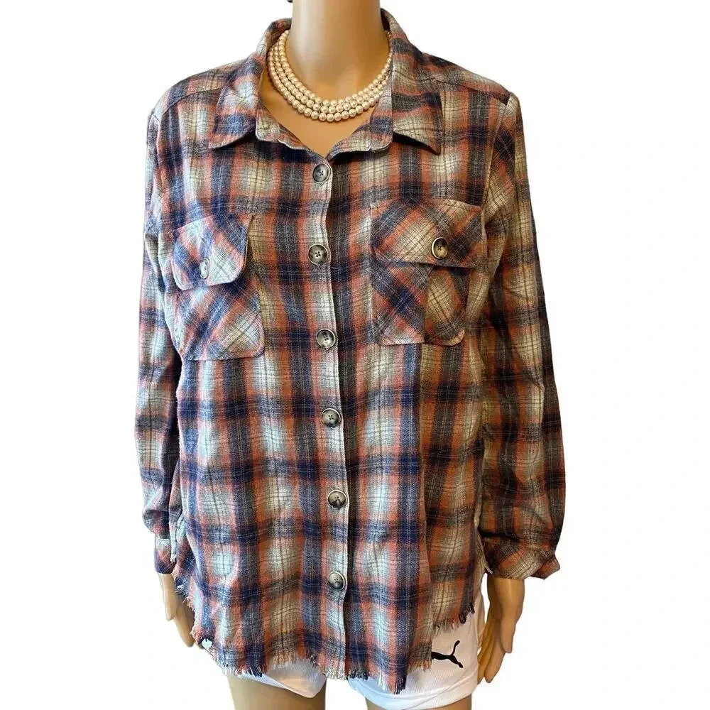 Democracy Plaid Button Up Casual Shirt Shacket Women Size S-L Pockets
